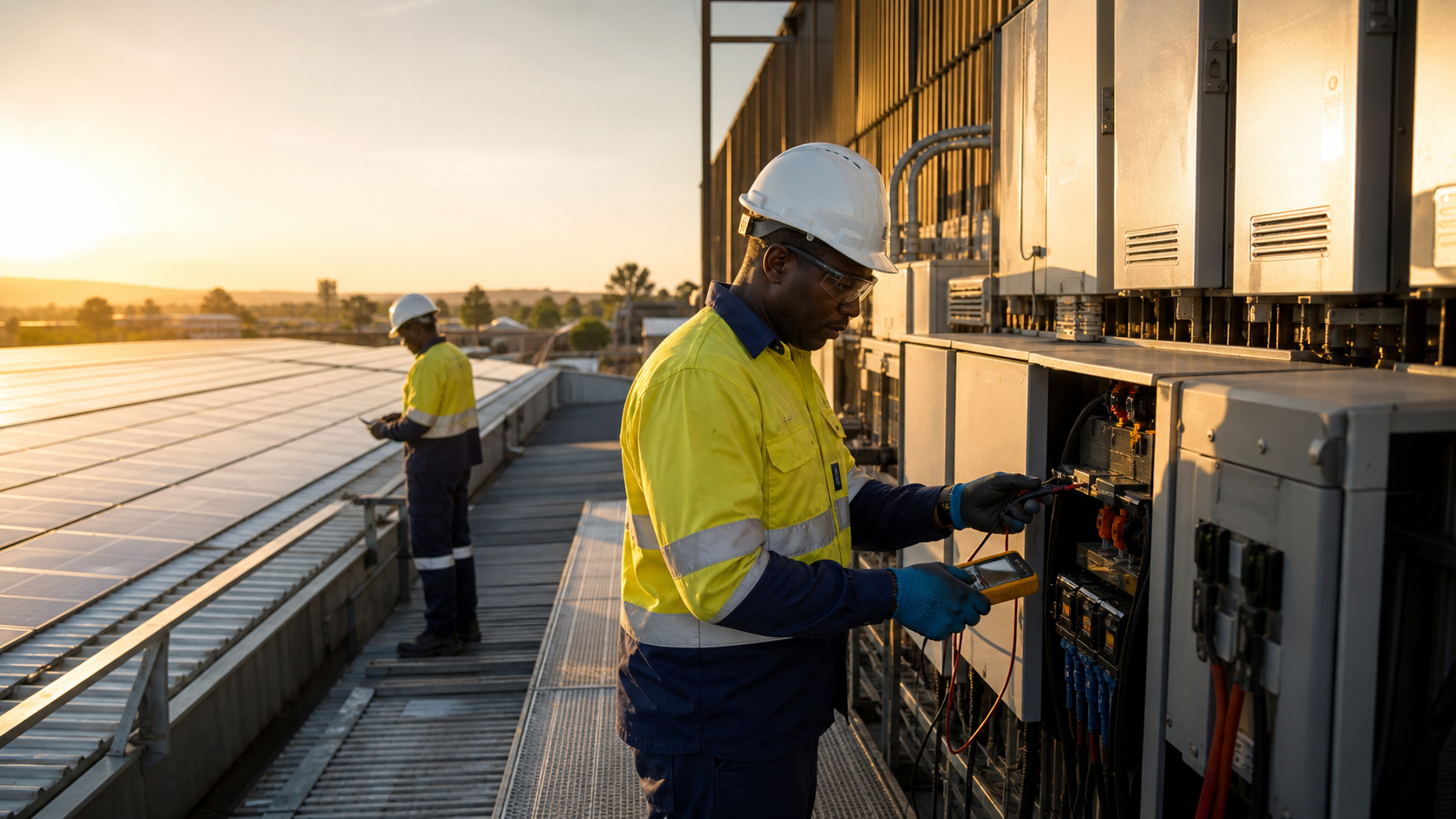 Solar technicians inspecting a commercial solar and battery project